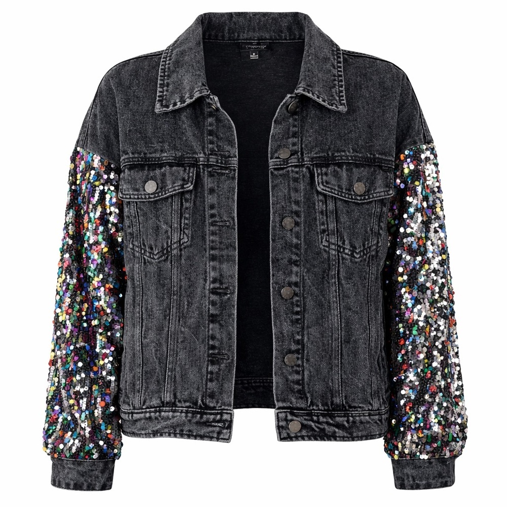 Flying Tomato Sequin Sleeve Denim Jacket Black L New Glam Festival